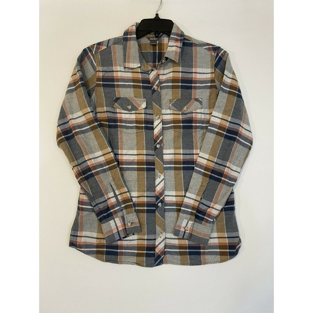 Eddie Bauer Womens Plaid Flannel Shirt Size M 100% Cotton Blue Orange